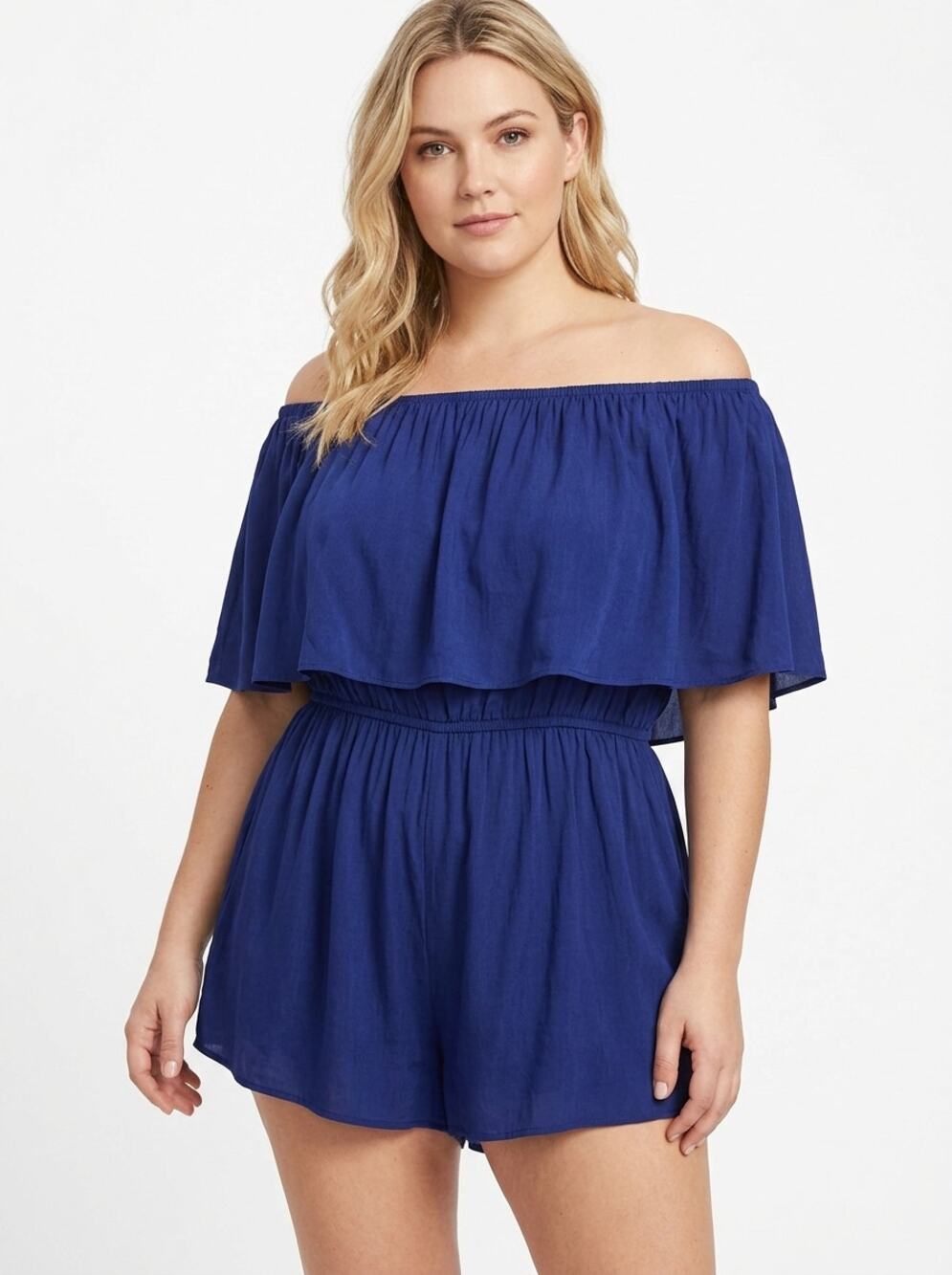 Lulus Royal Blue Off the Shoulder Ruffle Romper Women Size XL
